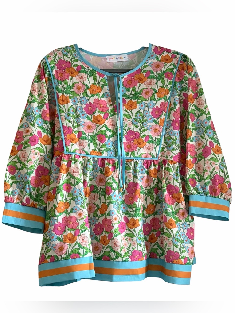 Green Floral Print Striped Trim Tie Neck Puff Sleeve Babydoll Blouse